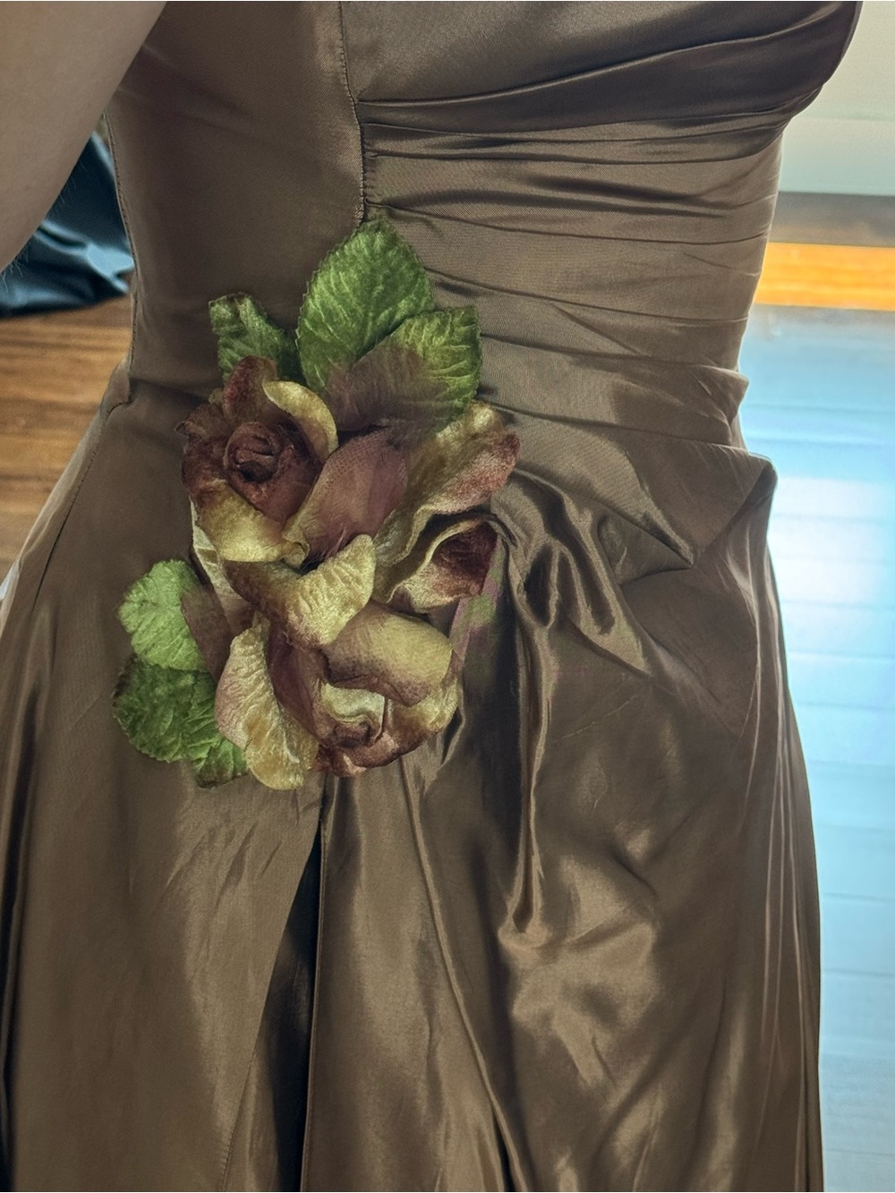 Jessica MACLINTOCK Strapless Satin Evening Gown w/ Velvet Floral Accent - Bronze - Picture 6 of 10